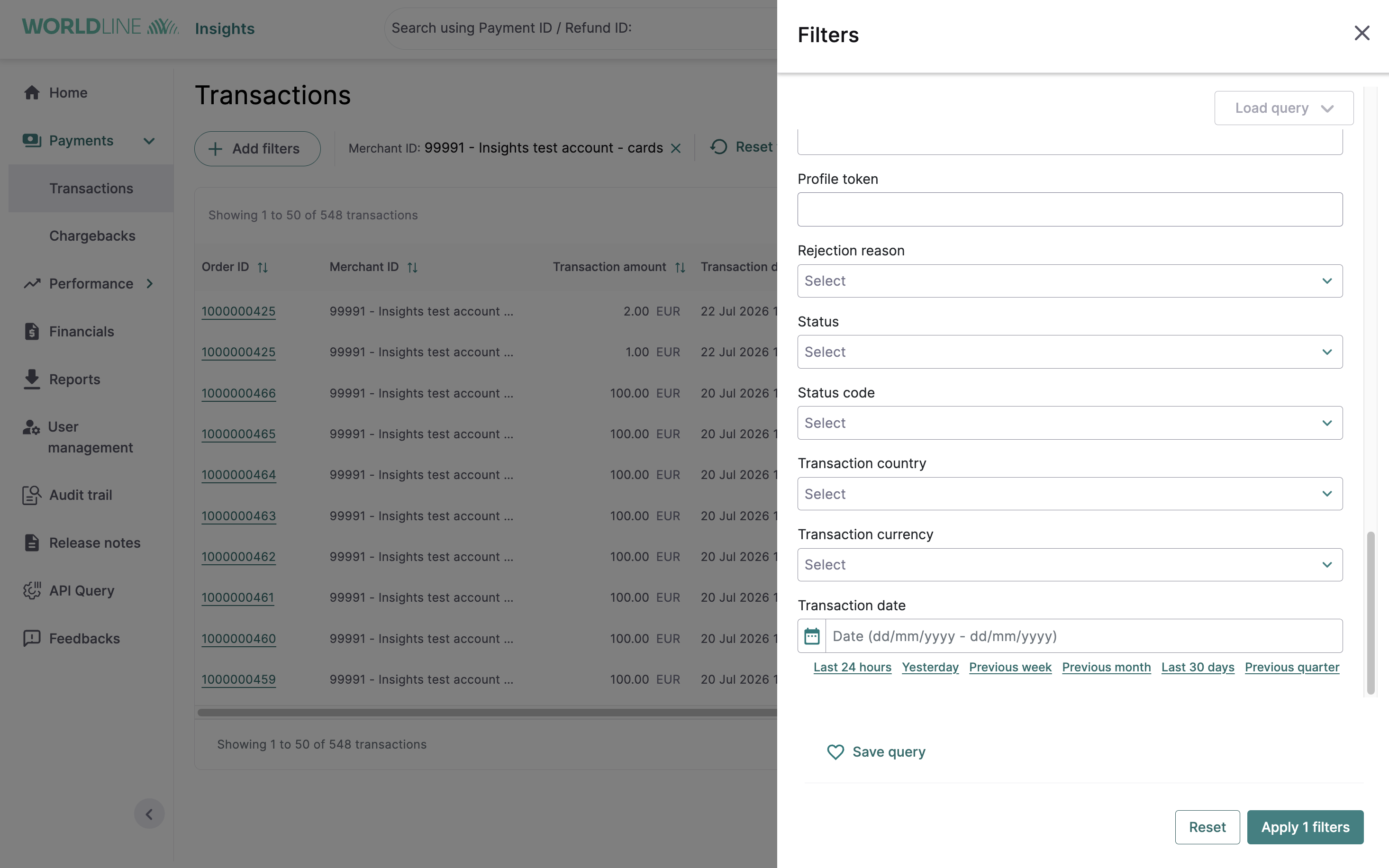 Insights platform transactions menu with filters open